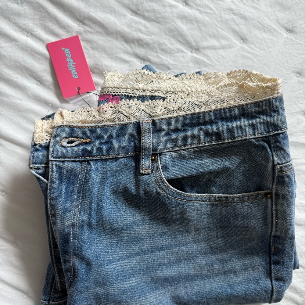 Edikted Blue Jeans with Cream Lace Trim